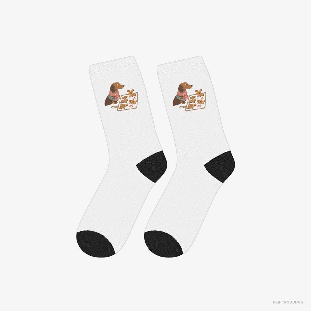 Dachshund Socks – Unisex White Socks Eco-Friendly – Baking Christmas Cookies (on White Background)