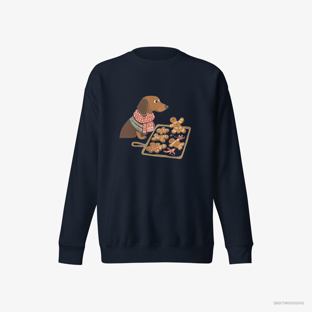 Dachshund Sweatshirt – Women Navy Sweatshirt Eco-Friendly – Baking Christmas Cookies (on White Background)