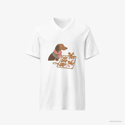 Dachshund T-Shirt – Men White T-Shirt V-Neck – Baking Christmas Cookies (on White Background)