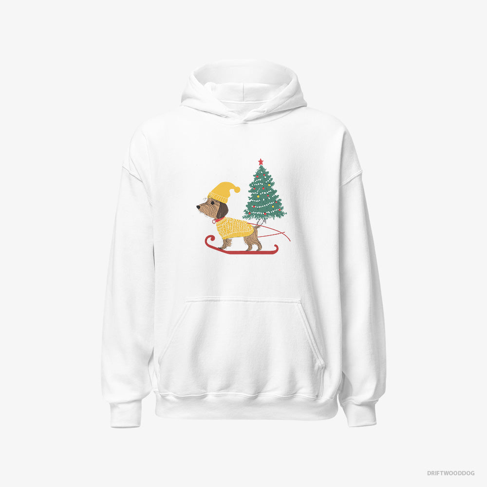 Yorkshire Terrier Hoodie – Men White Hoodie Classic – on a Sled with a Christmas Tree (on White Background)