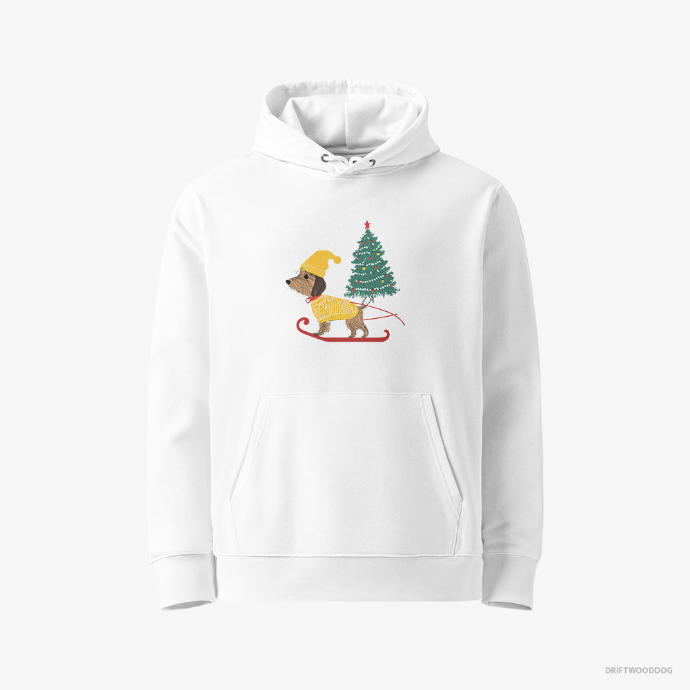 Yorkshire Terrier Hoodie – Women White Hoodie Eco-Friendly – on a Sled with a Christmas Tree (on White Background)