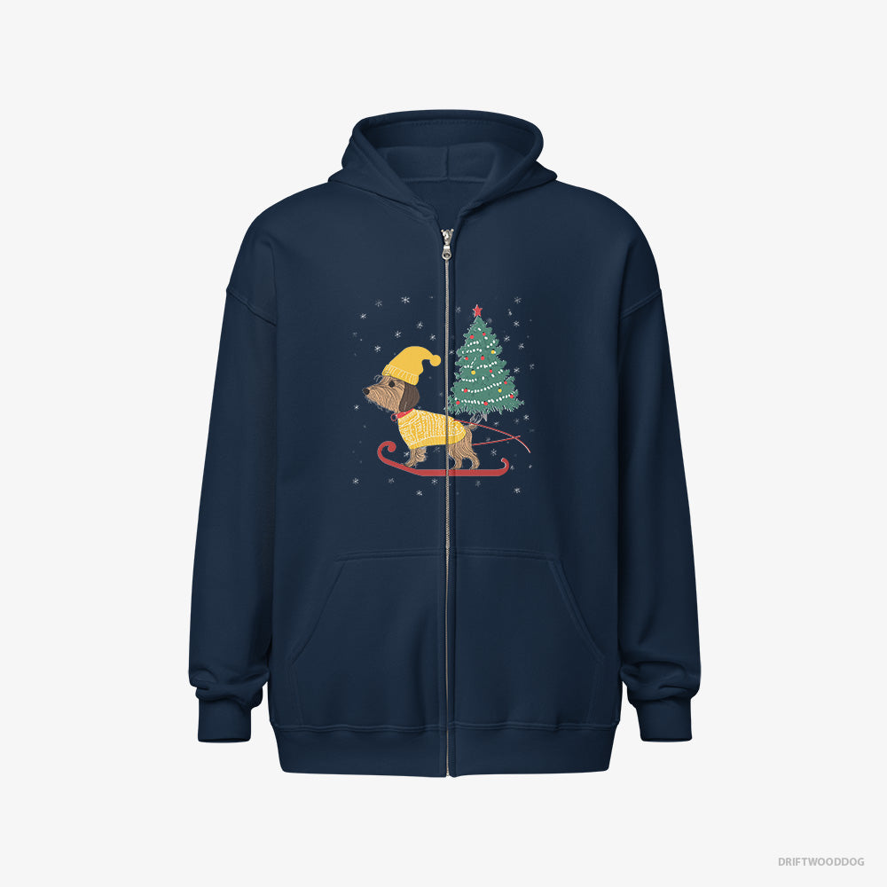 Yorkshire Terrier Hoodie – Men Navy Hoodie Full-Zip – on a Sled with a Christmas Tree (on White Background)