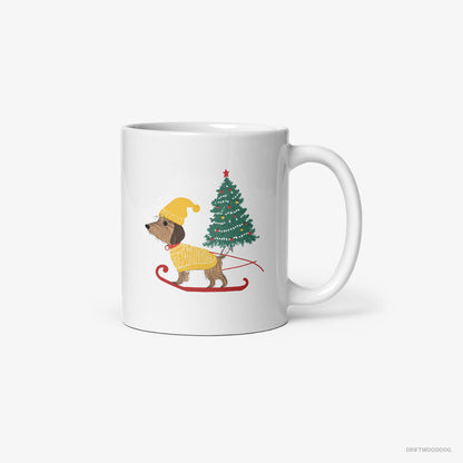 Yorkshire Terrier on a Sled with a Christmas Tree White Mug