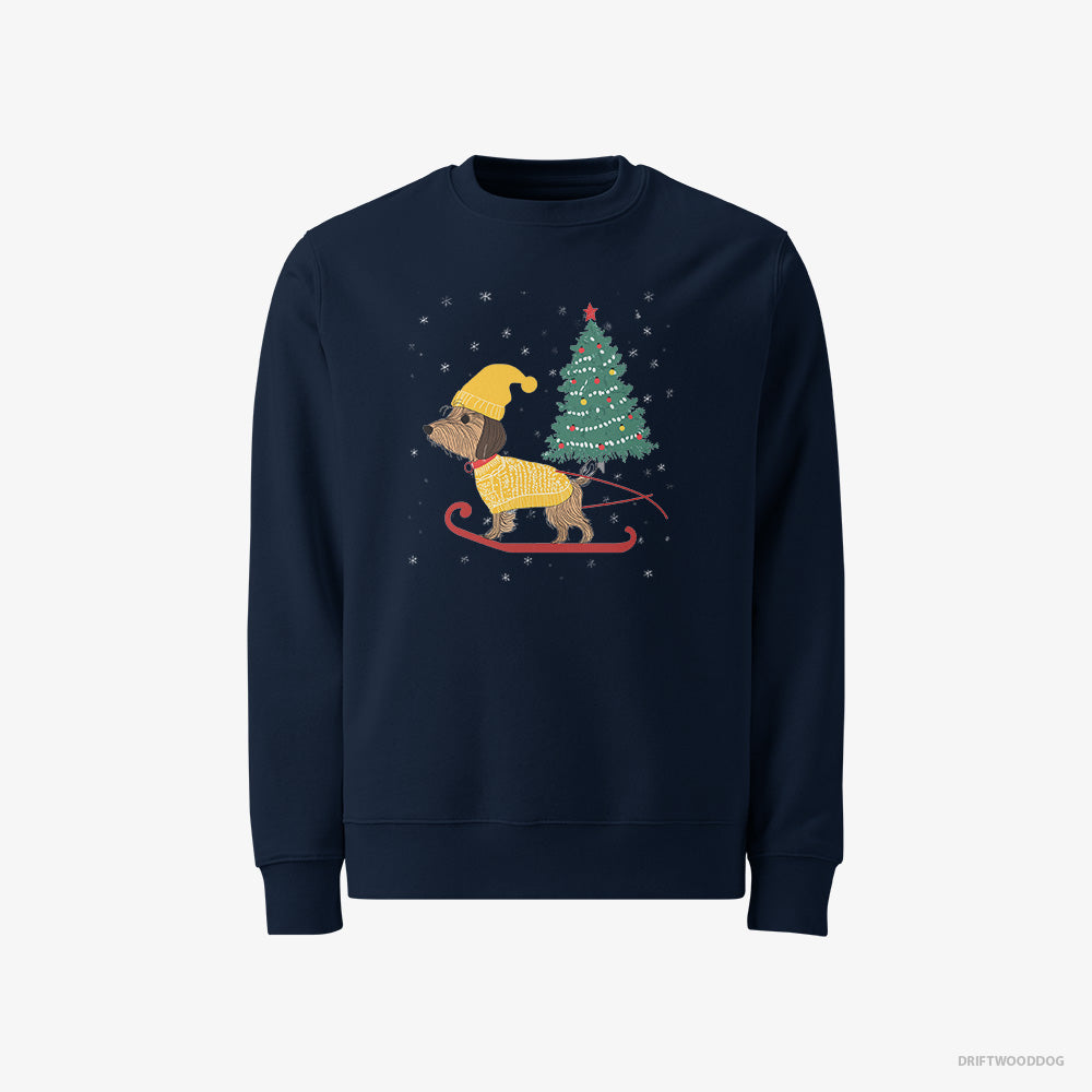 Yorkshire Terrier Sweatshirt – Men Navy Sweatshirt Classic – on a Sled with a Christmas Tree (on White Background)