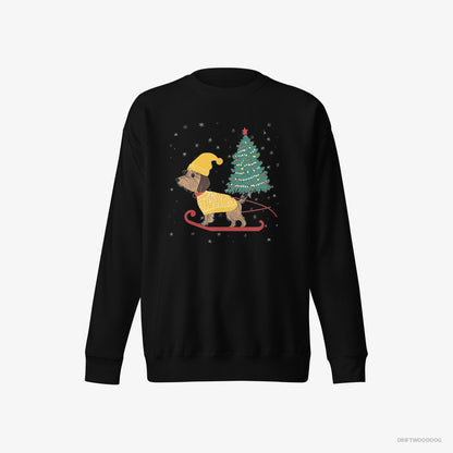 Yorkshire Terrier Sweatshirt – Men Black Sweatshirt Eco-Friendly – on a Sled with a Christmas Tree (on White Background)