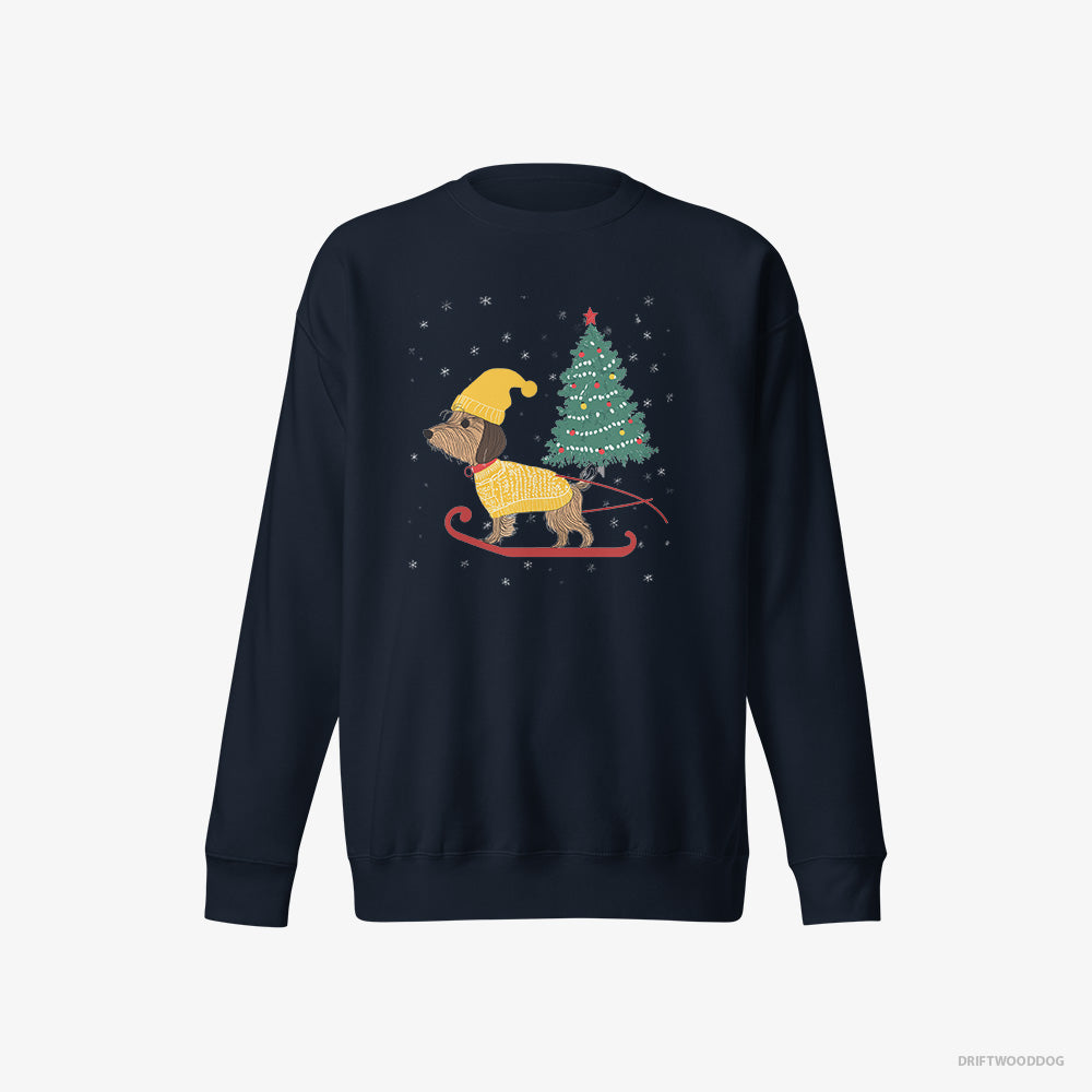 Yorkshire Terrier Sweatshirt – Men Navy Sweatshirt Eco-Friendly – on a Sled with a Christmas Tree (on White Background)