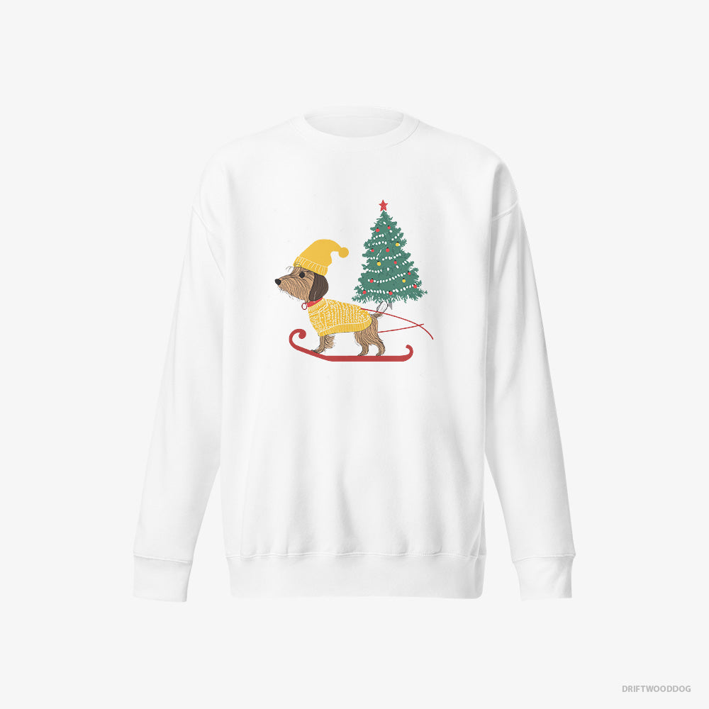 Yorkshire Terrier Sweatshirt – Men White Sweatshirt Eco-Friendly – on a Sled with a Christmas Tree (on White Background)