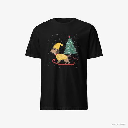 Yorkshire Terrier on a Sled with a Christmas Tree Black T-Shirt