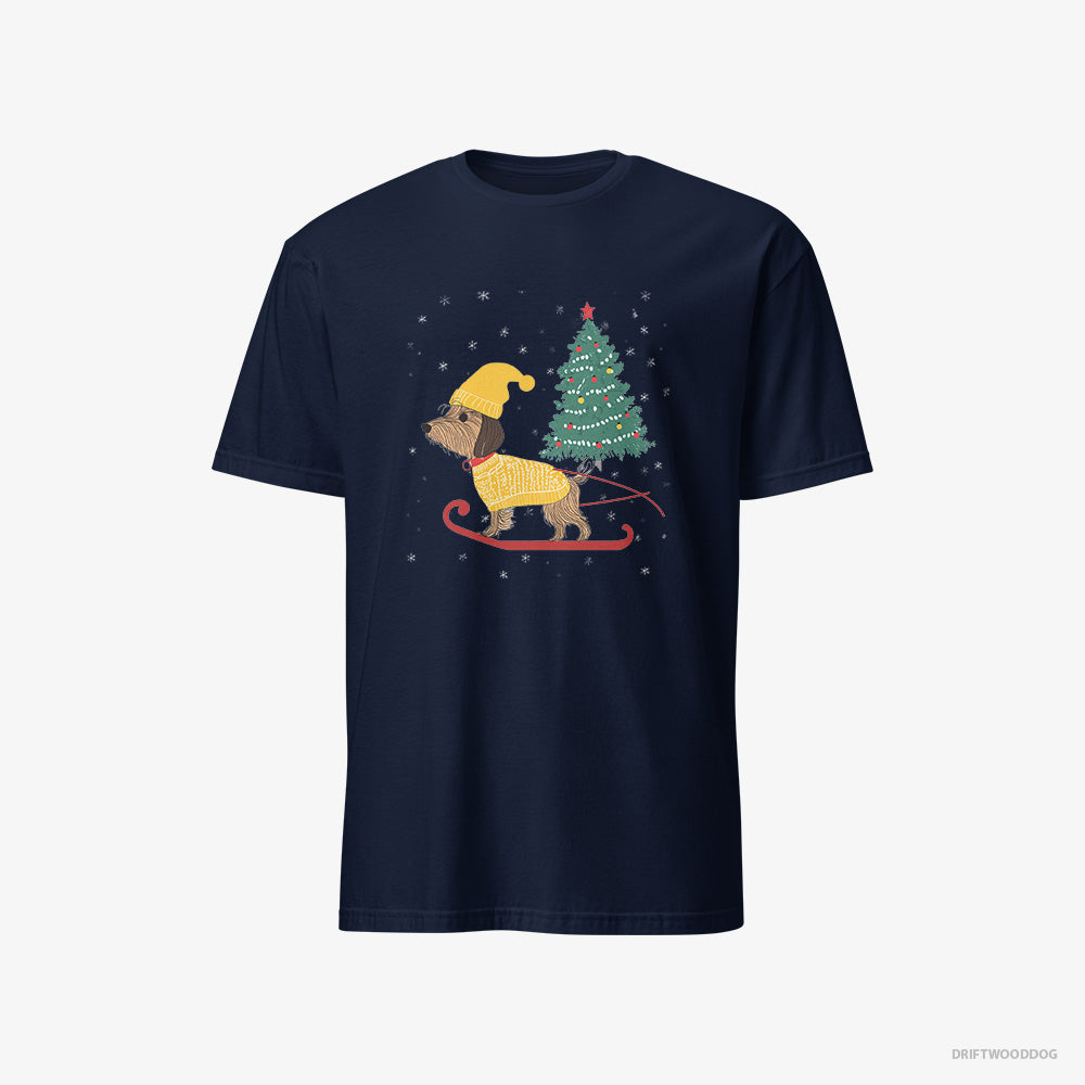 Yorkshire Terrier T-Shirt – Men Navy T-Shirt Classic – on a Sled with a Christmas Tree (on White Background)