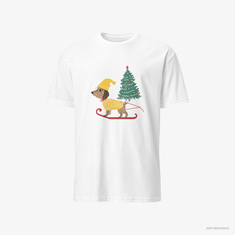 Yorkshire Terrier T-Shirt – Women White T-Shirt Classic – on a Sled with a Christmas Tree (on White Background)