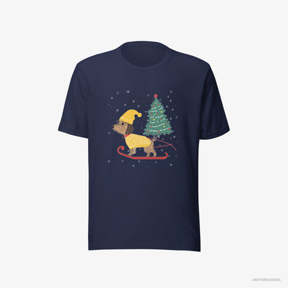 Yorkshire Terrier T-Shirt – Women Navy T-Shirt Eco-Friendly – on a Sled with a Christmas Tree (on White Background)