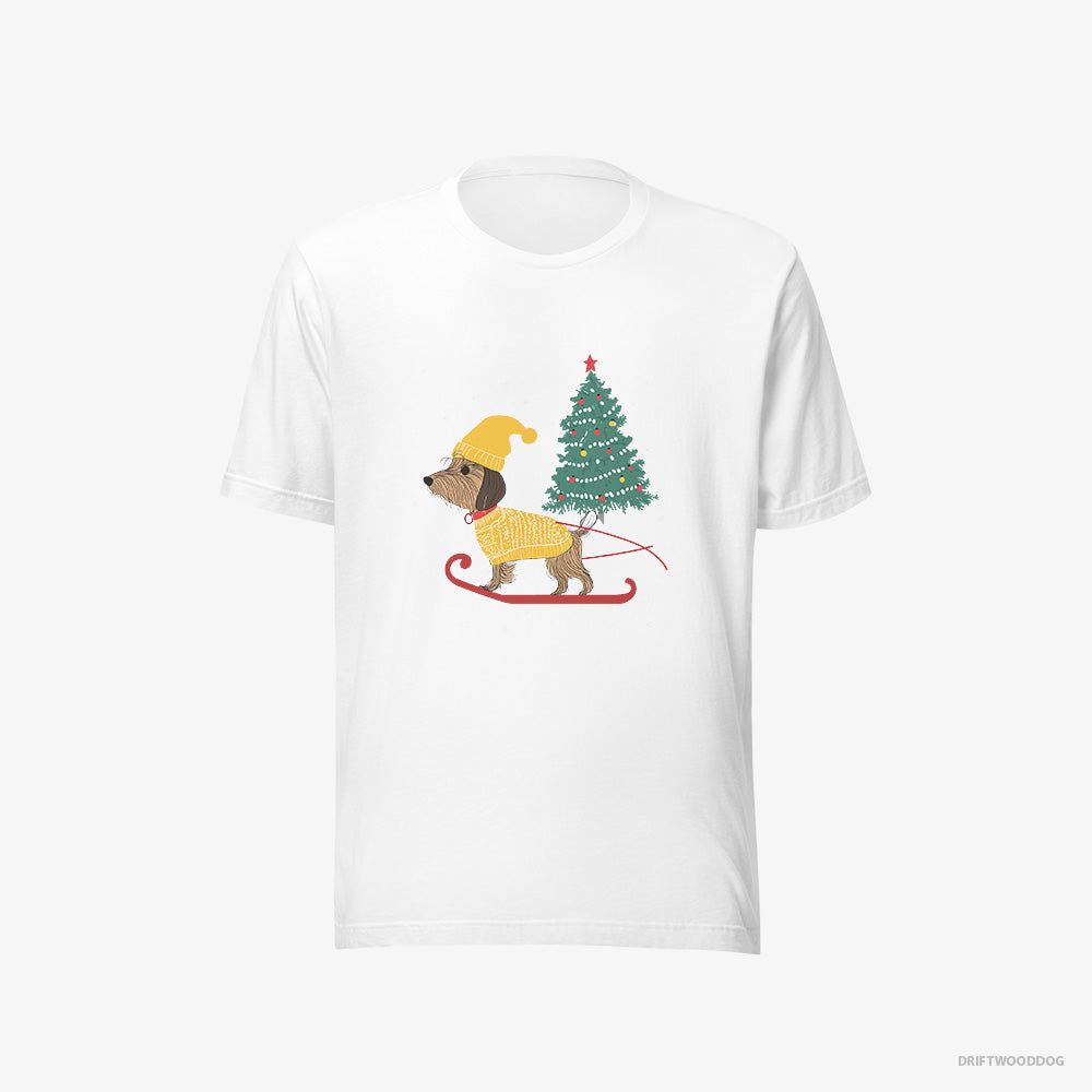 Yorkshire Terrier T-Shirt – Women White T-Shirt Eco-Friendly – on a Sled with a Christmas Tree (on White Background)