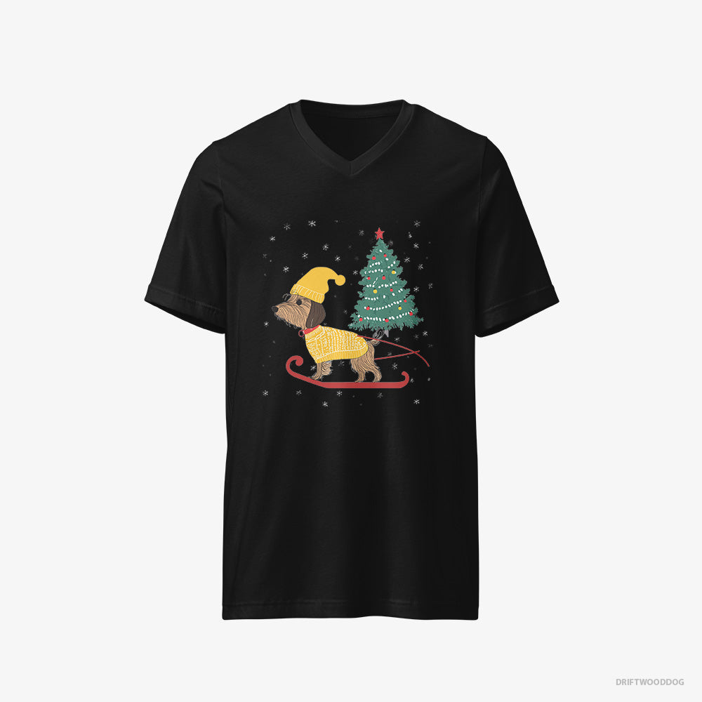 Yorkshire Terrier T-Shirt – Men Black T-Shirt V-Neck – on a Sled with a Christmas Tree (on White Background)