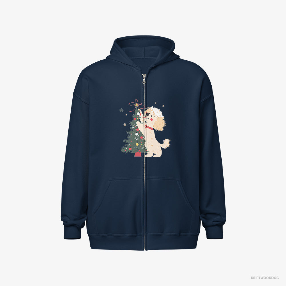 Poodle Hoodie – Women Navy Hoodie Full-Zip – Styling the Christmas Tree (on White Background)