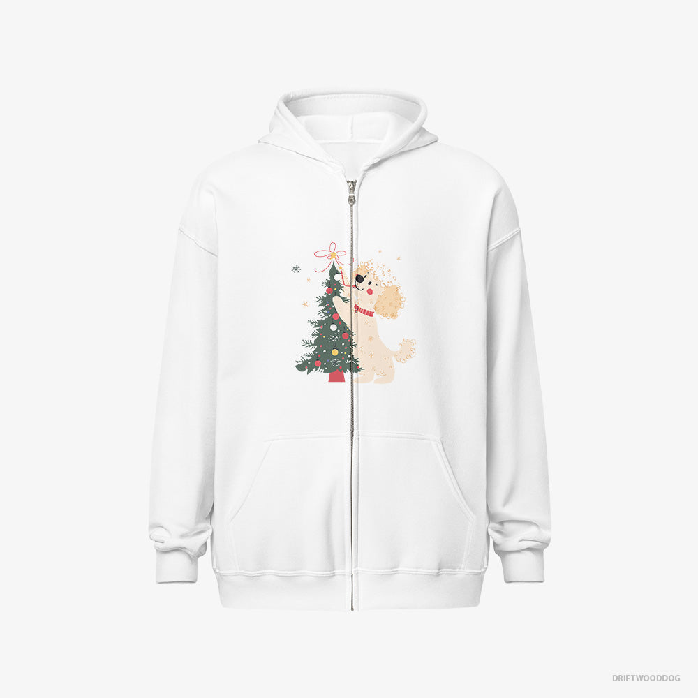 Poodle Hoodie – Men White Hoodie Full-Zip – Styling the Christmas Tree (on White Background)