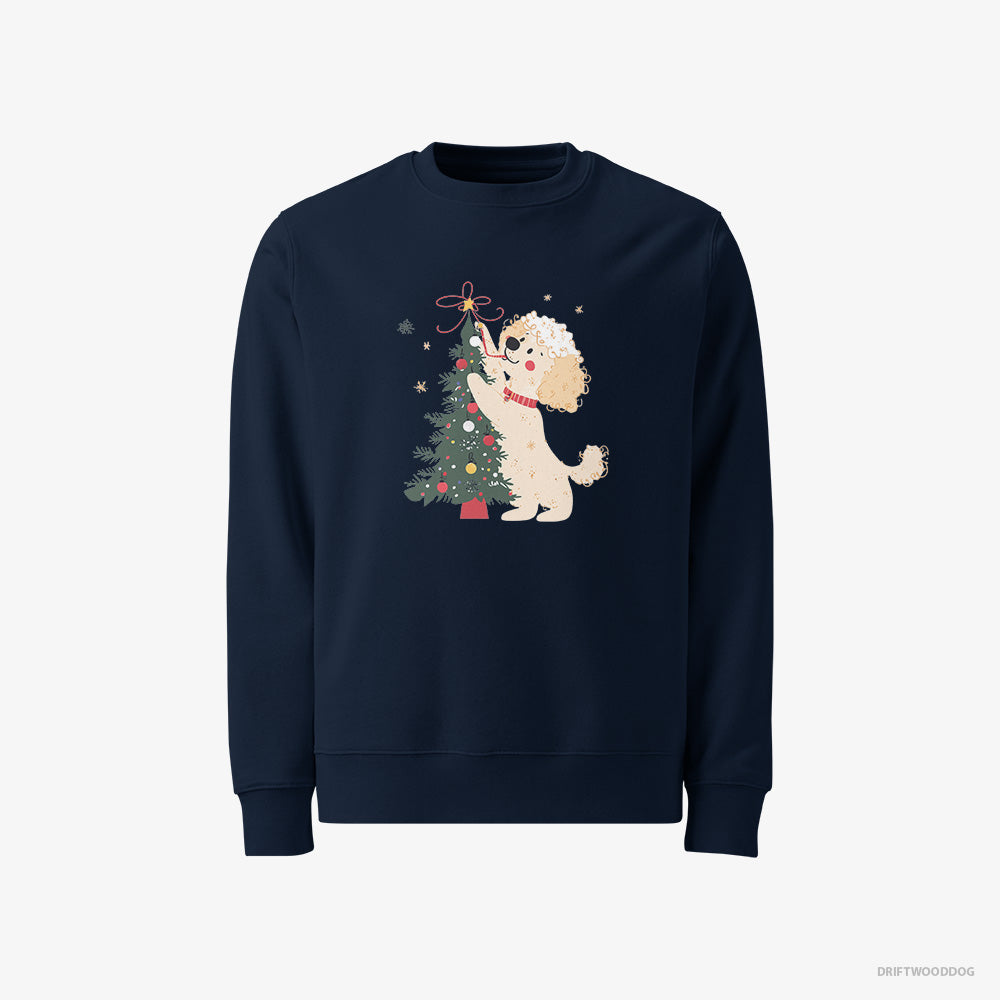 Poodle Sweatshirt – Women Navy Sweatshirt Classic – Styling the Christmas Tree (on White Background)