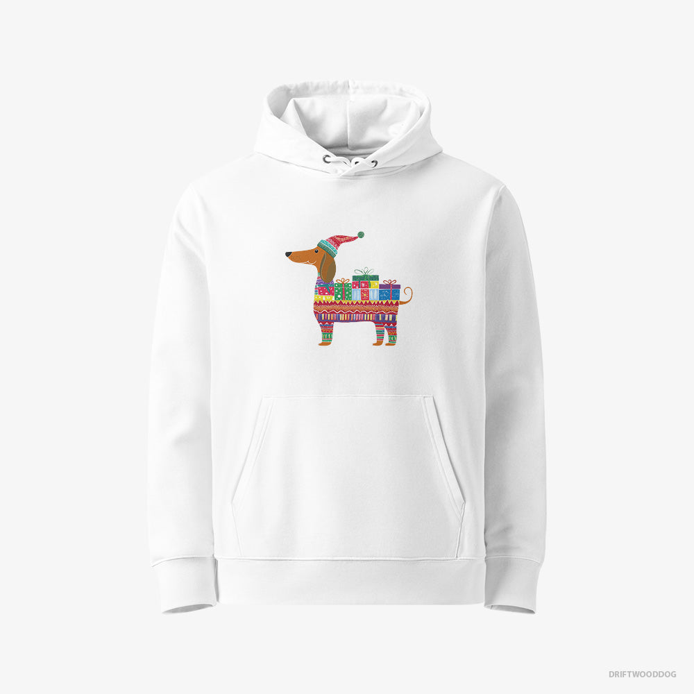 Dachshund Hoodie – Women White Hoodie Eco-Friendly – in a Festive Gift Wrap Theme (on White Background)