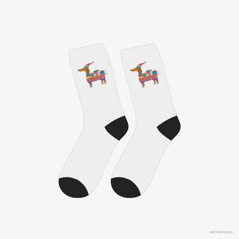 Dachshund Socks – Unisex White Socks Classic – in a Festive Gift Wrap Theme (on White Background)