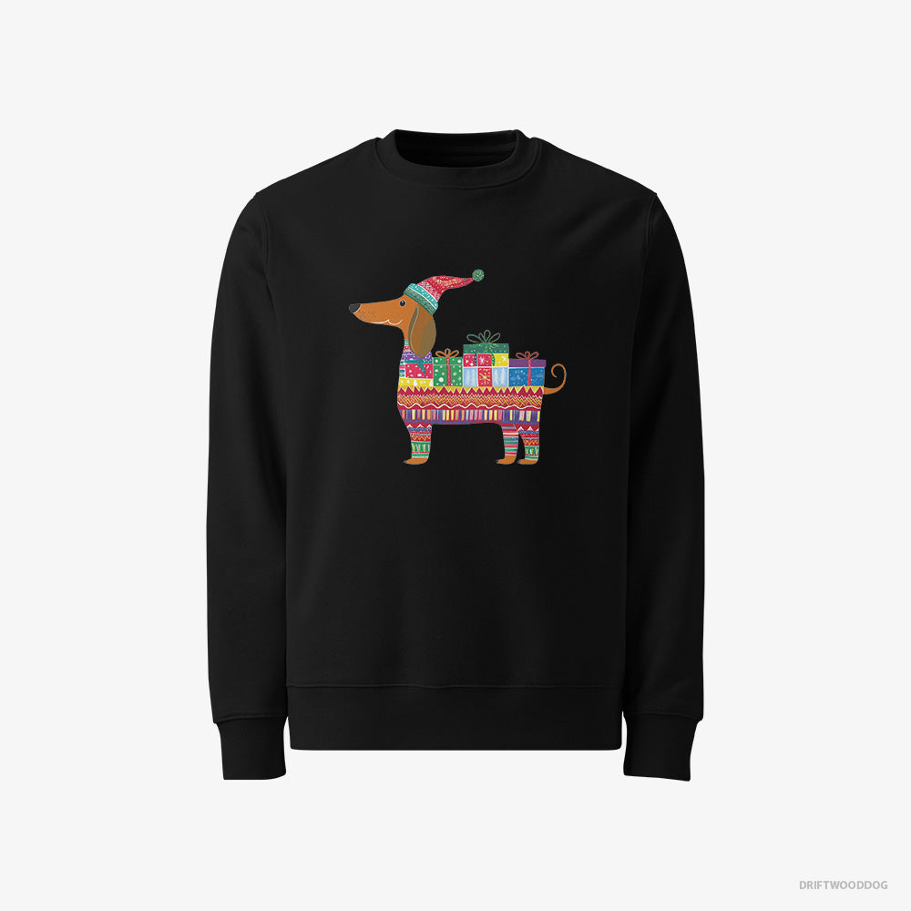 Dachshund Sweatshirt – Men Black Sweatshirt Classic – in a Festive Gift Wrap Theme (on White Background)