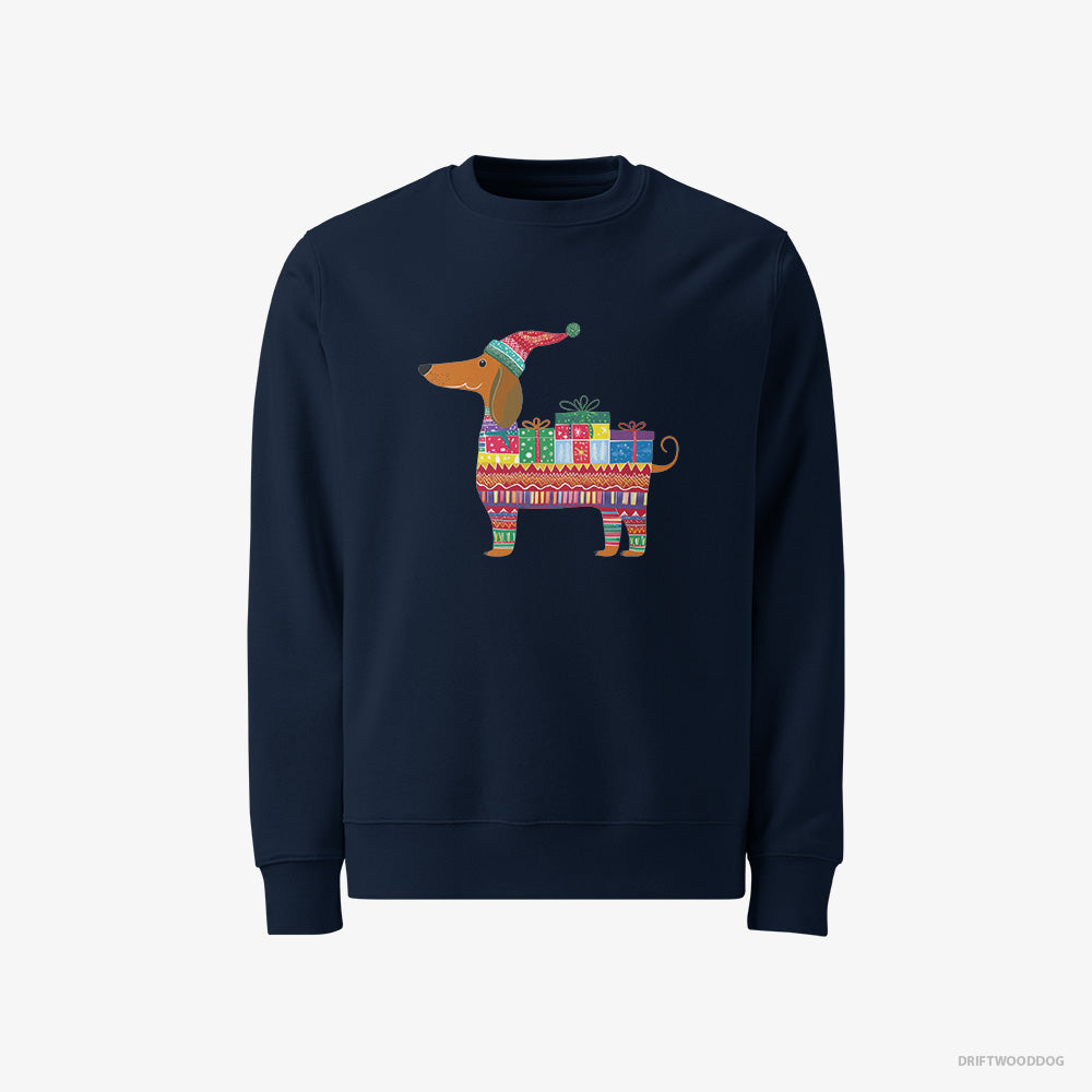 Dachshund Sweatshirt – Men Navy Sweatshirt Classic – in a Festive Gift Wrap Theme (on White Background)