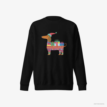 Dachshund Sweatshirt – Men Black Sweatshirt Eco-Friendly – in a Festive Gift Wrap Theme (on White Background)