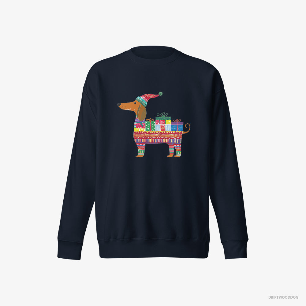 Dachshund Sweatshirt – Men Navy Sweatshirt Eco-Friendly – in a Festive Gift Wrap Theme (on White Background)