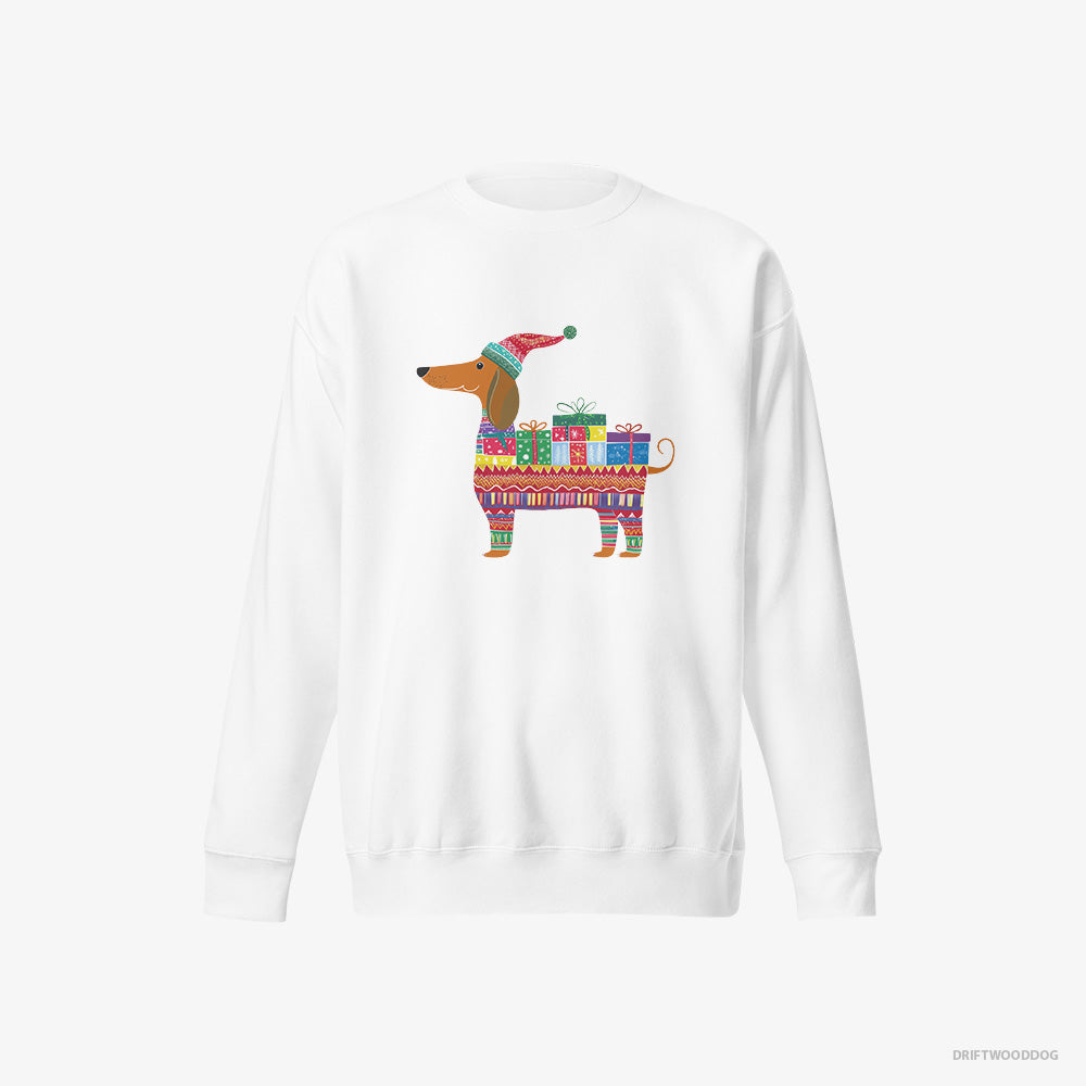 Dachshund Sweatshirt – Men White Sweatshirt Eco-Friendly – in a Festive Gift Wrap Theme (on White Background)