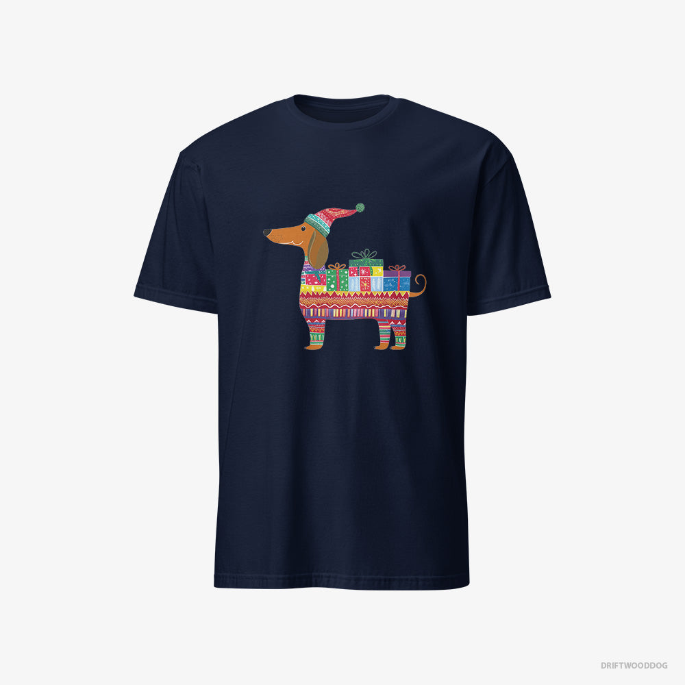 Dachshund T-Shirt – Men Navy T-Shirt Classic – in a Festive Gift Wrap Theme (on White Background)