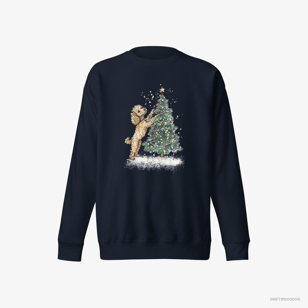 Poodle Sweatshirt – Men Navy Sweatshirt Eco-Friendly – Decorating the Christmas Tree (on White Background)