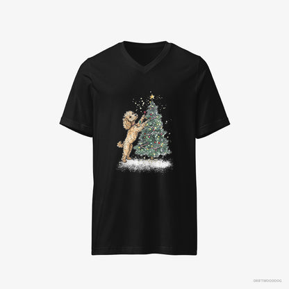 Poodle T-Shirt – Men Black T-Shirt V-Neck – Decorating the Christmas Tree (on White Background)