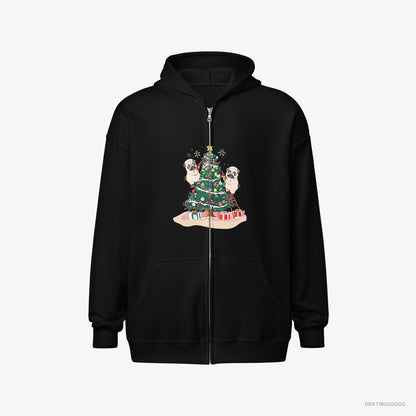 Pug Puppies Decorating the Christmas Tree Black Hoodie