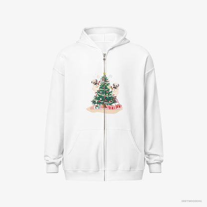 Pug Hoodie – Men White Hoodie Full-Zip – Puppies Decorating the Christmas Tree (on White Background)