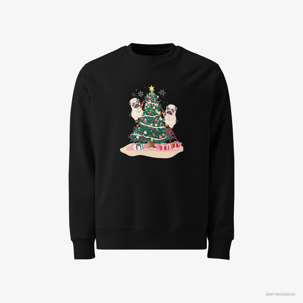 Pug Sweatshirt – Men Black Sweatshirt Classic – Puppies Decorating the Christmas Tree (on White Background)