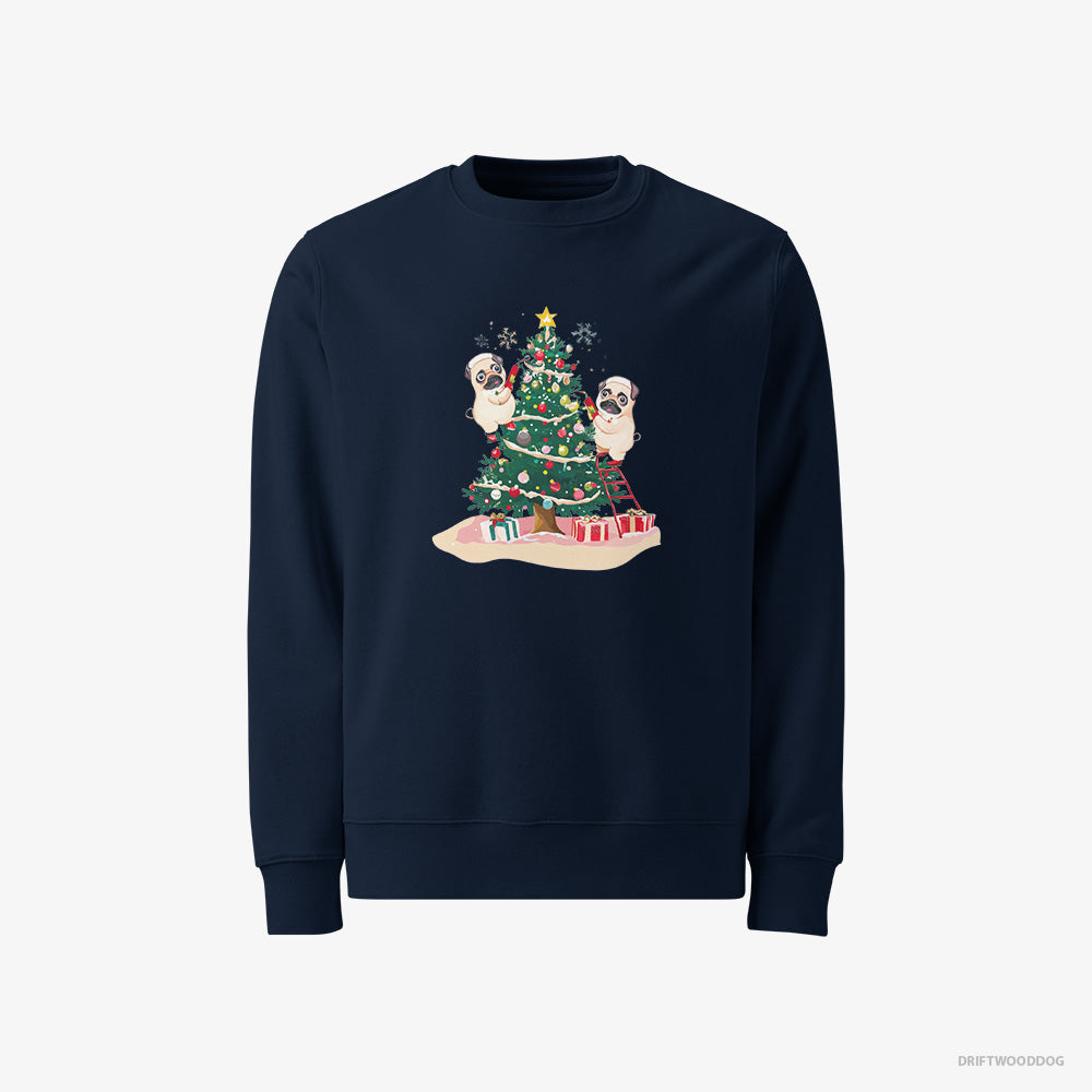 Pug Sweatshirt – Men Navy Sweatshirt Classic – Puppies Decorating the Christmas Tree (on White Background)