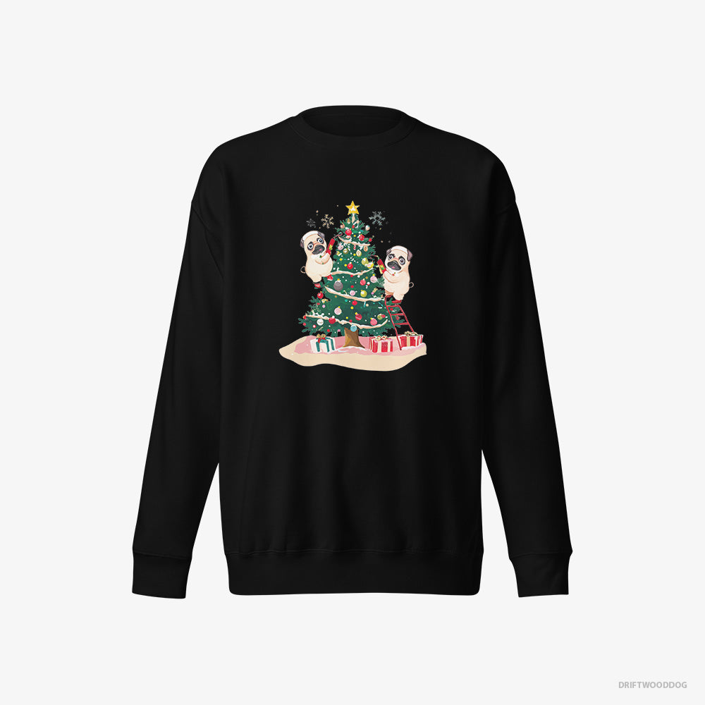 Pug Sweatshirt – Men Black Sweatshirt Eco-Friendly – Puppies Decorating the Christmas Tree (on White Background)