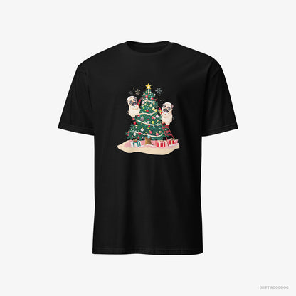 Pug Puppies Decorating the Christmas Tree Black T-Shirt