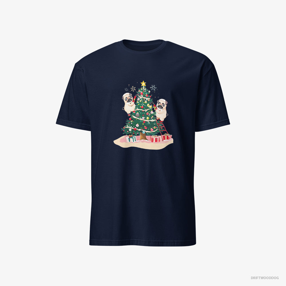 Pug T-Shirt – Men Navy T-Shirt Classic – Puppies Decorating the Christmas Tree (on White Background)