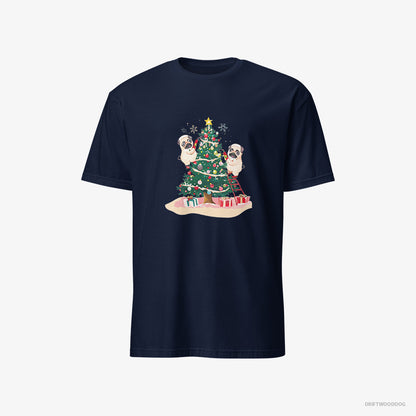 Pug Puppies Decorating the Christmas Tree Navy T-Shirt