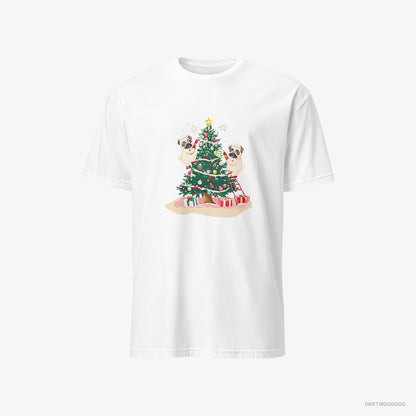 Pug T-Shirt – Women White T-Shirt Classic – Puppies Decorating the Christmas Tree (on White Background)