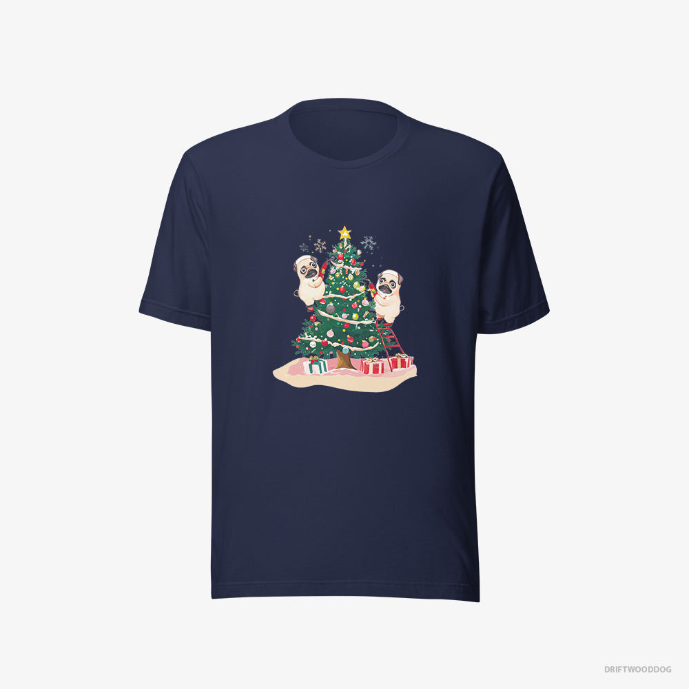 Pug T-Shirt – Women Navy T-Shirt Eco-Friendly – Puppies Decorating the Christmas Tree (on White Background)