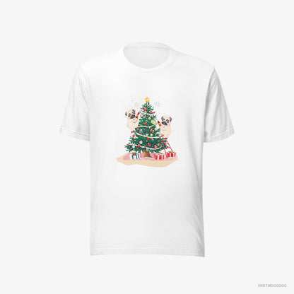 Pug T-Shirt – Women White T-Shirt Eco-Friendly – Puppies Decorating the Christmas Tree (on White Background)