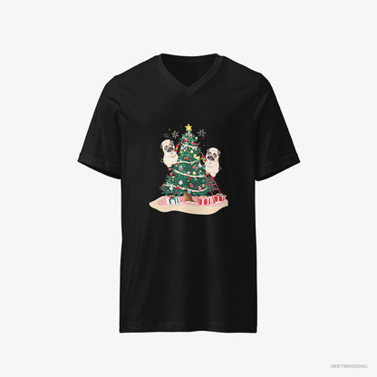 Pug T-Shirt – Men Black T-Shirt V-Neck – Puppies Decorating the Christmas Tree (on White Background)