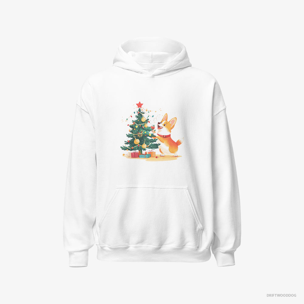 Corgi Hoodie – Men White Hoodie Classic – Decorating the Christmas Tree (on White Background)