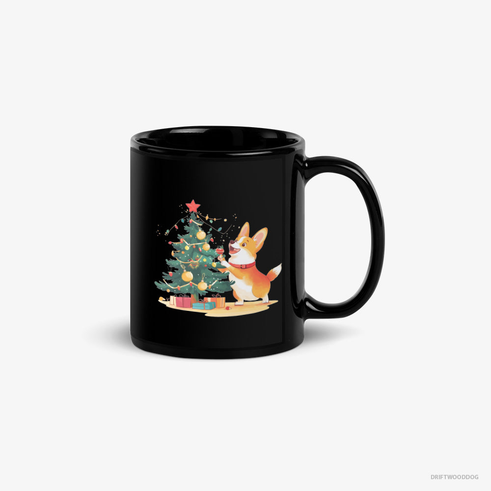 Corgi Mug – Unisex Black Mug Classic – Decorating the Christmas Tree (on White Background)