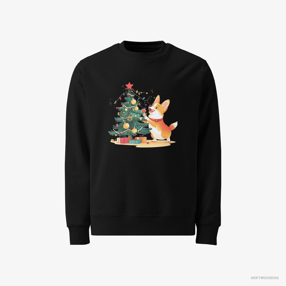 Corgi Sweatshirt – Men Black Sweatshirt Classic – Decorating the Christmas Tree (on White Background)