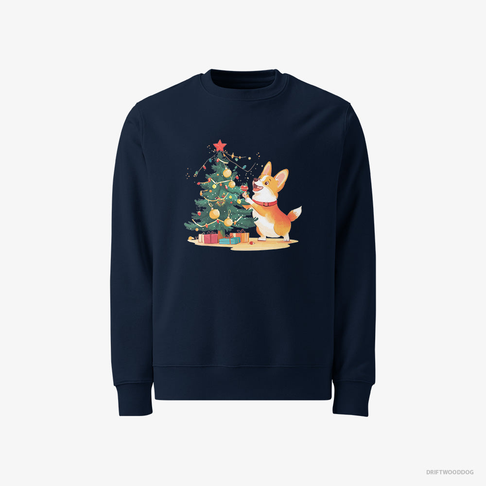 Corgi Sweatshirt – Men Navy Sweatshirt Classic – Decorating the Christmas Tree (on White Background)