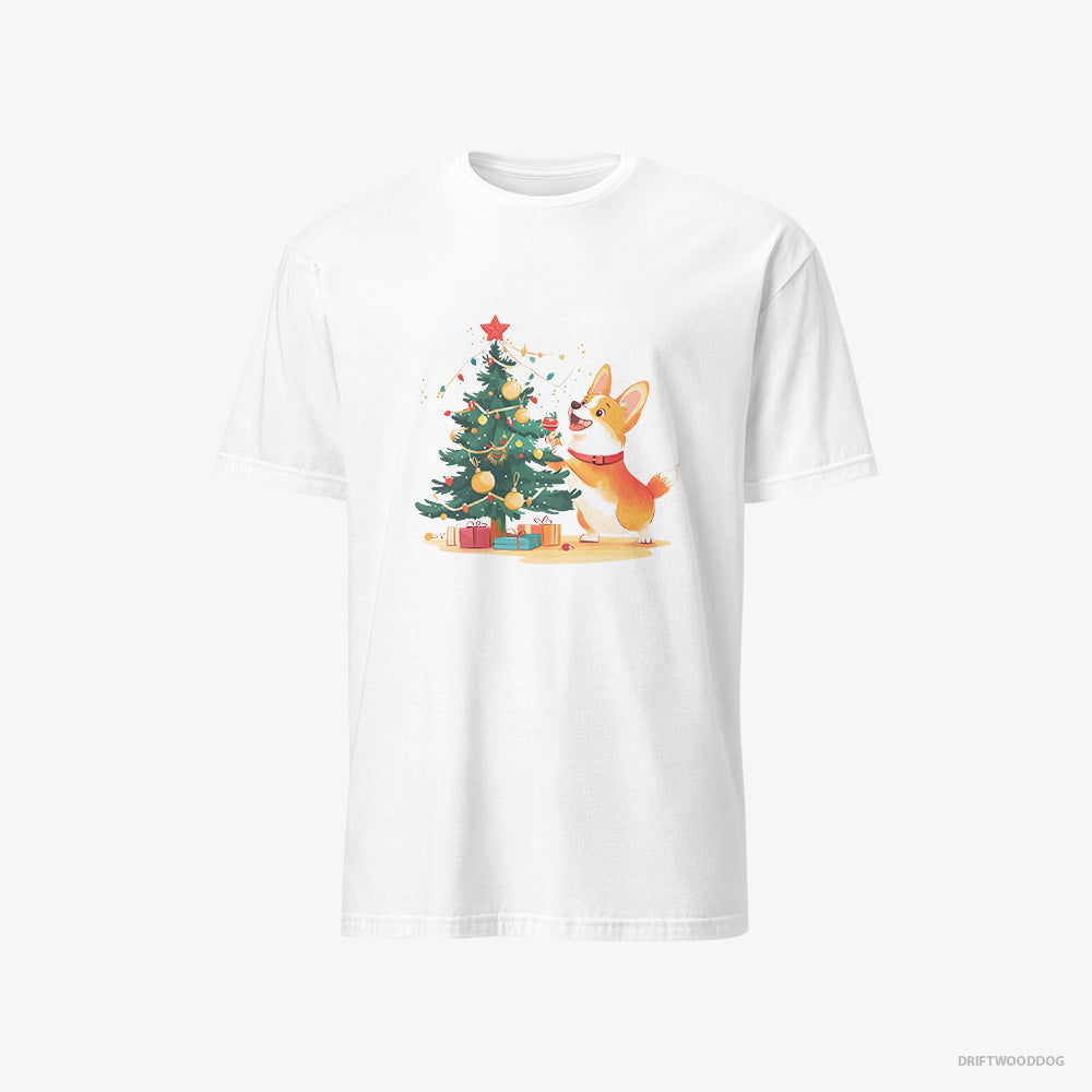 Corgi T-Shirt – Men White T-Shirt Classic – Decorating the Christmas Tree (on White Background)