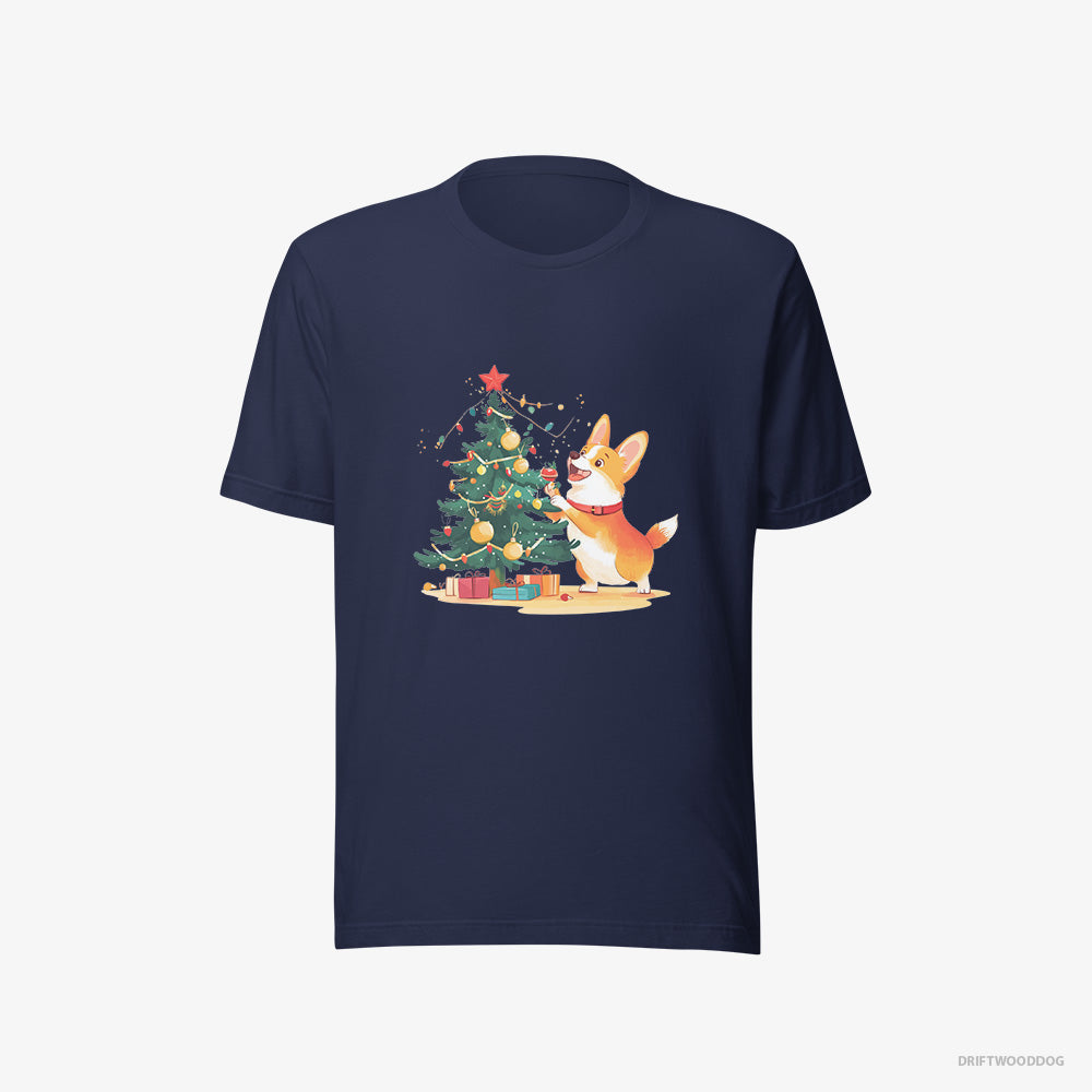 Corgi T-Shirt – Men Navy T-Shirt Eco-Friendly – Decorating the Christmas Tree (on White Background)