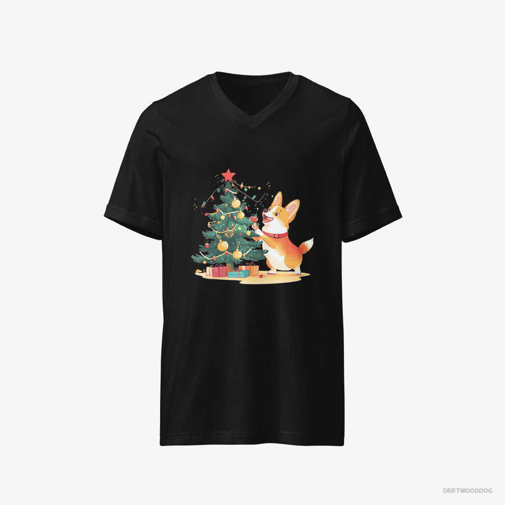 Corgi T-Shirt – Men Black T-Shirt V-Neck – Decorating the Christmas Tree (on White Background)