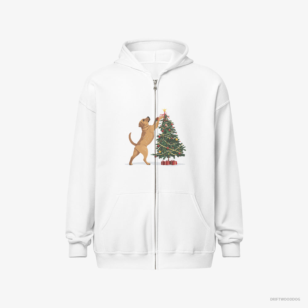 Labrador Retriever Hoodie – Men White Hoodie Full-Zip – Setting Up Christmas Lights (on White Background)